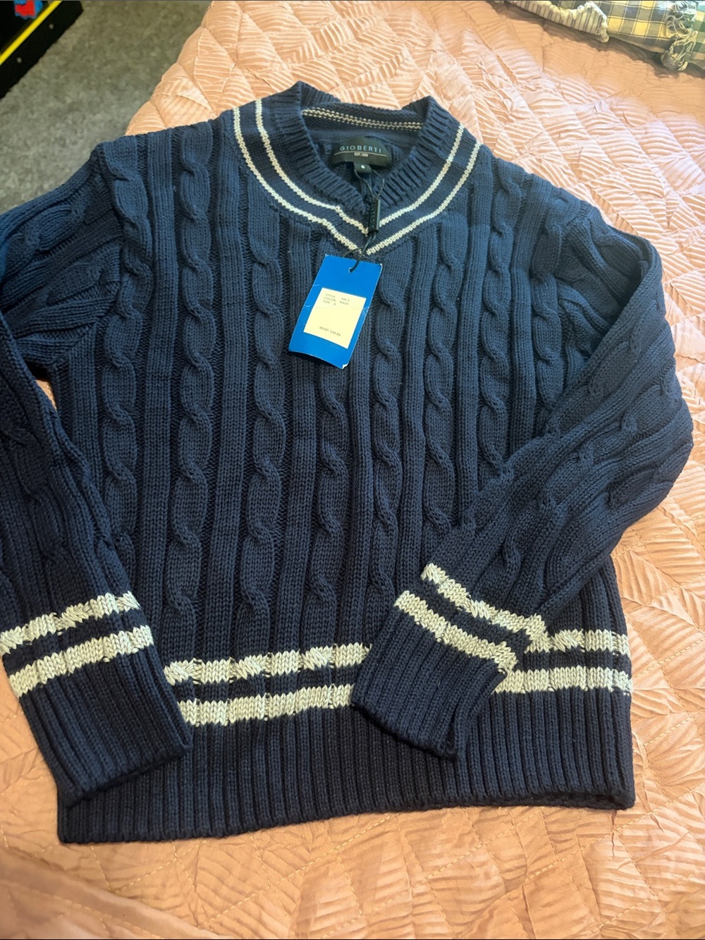 GIoberti Navy Cable-Knit V-Neck Sweater with White Stripes